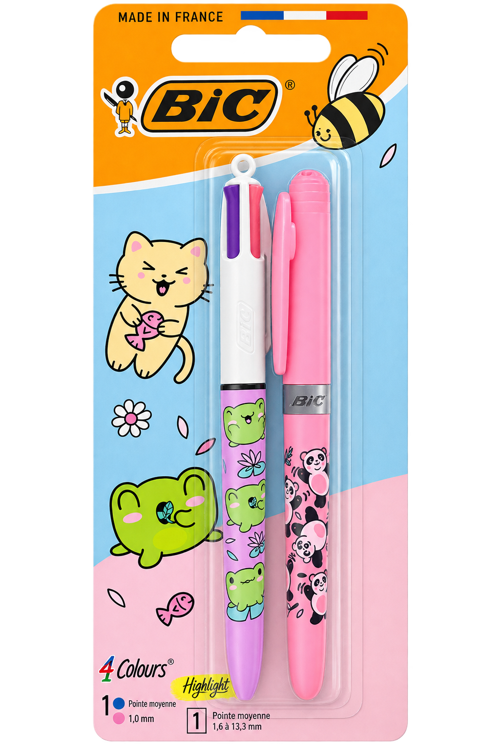 Stylo BIC 4 Couleurs + Surligneur Rose – Pastel Kawaii