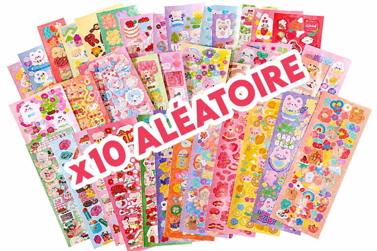 Planches de stickers autocollants Kawaii - Lot de 10 - Modèles aléatoires