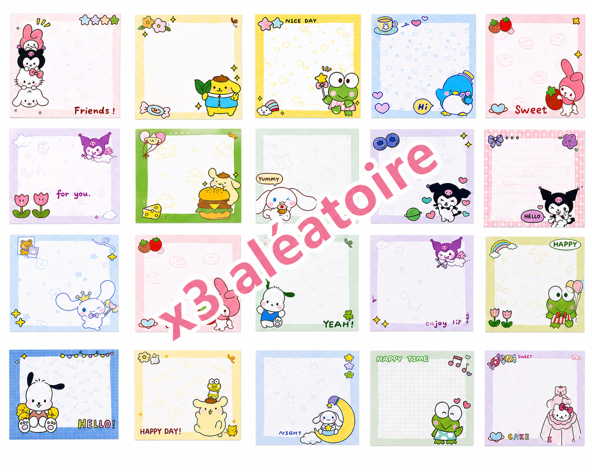 Lot de 3 Blocs feuilles adhésifs — Modèles Aléatoire Sanrio