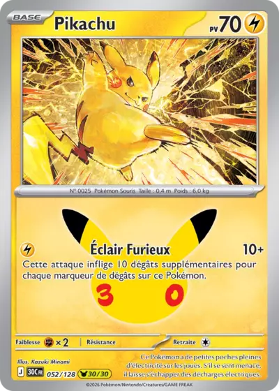Carte Pokemon Pikachu 052/128 - 30ᵉ Anniversaire - Méga Evolution ME5.5